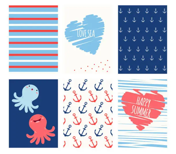Vector illustration of Nautical Theme card, banner, background, flyer, placard set. Collection of Marine party poster, gift tag, label template. Card for summer vacation or holiday of white, red, blue color. Vector EPS8