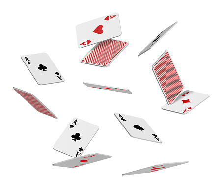 realistic vector icon. Flying playing cards of aces of diamonds clubs spades and hearts on white background, falling on the table.