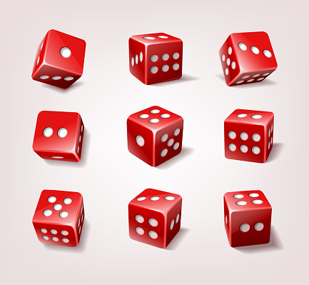 realistic vector icon illustration. Collection of red poker dice cubes.