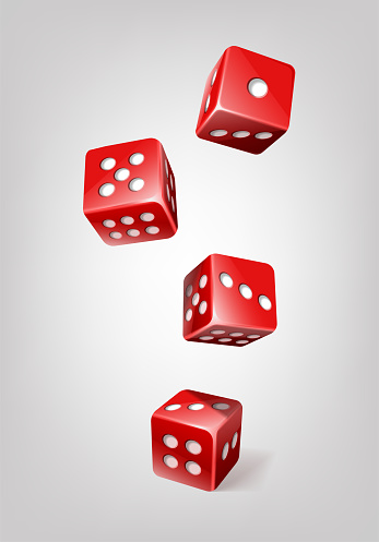 realistic vector icon illustration. Red poker dice cubes falling.