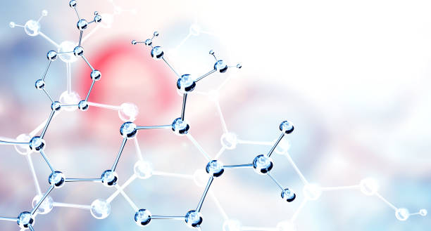 istock Horizontal banner with model of abstract molecular structure. Background of blue color with glass atom model. Copy space for your text. 3d render 1945340163