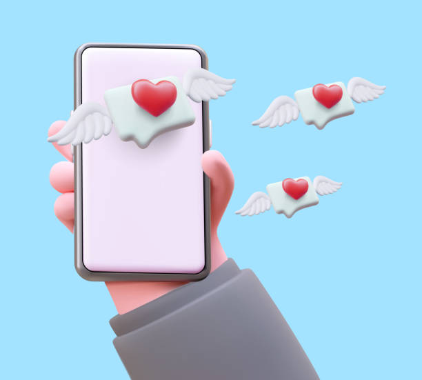 istock Realistic hand holding smartphone with love letter. Advertising messenger, online correspondence 1945343826