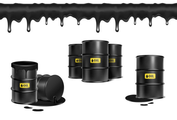 ilustraciones, imágenes clip art, dibujos animados e iconos de stock de 3d realistic vector icon illustartion. hazard barrel in black oil splash, liquid splash and drops. isolated on white background. - petroleo