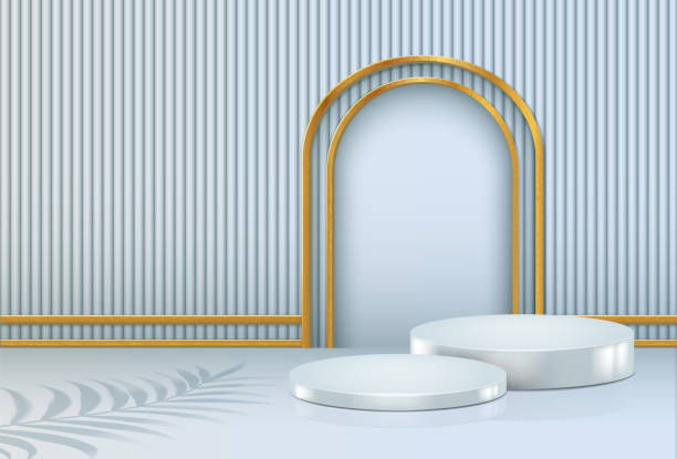 istock 3d realistic blue vector background. Display stand, podium with arch in gold. Minimalistic style. 1945349046