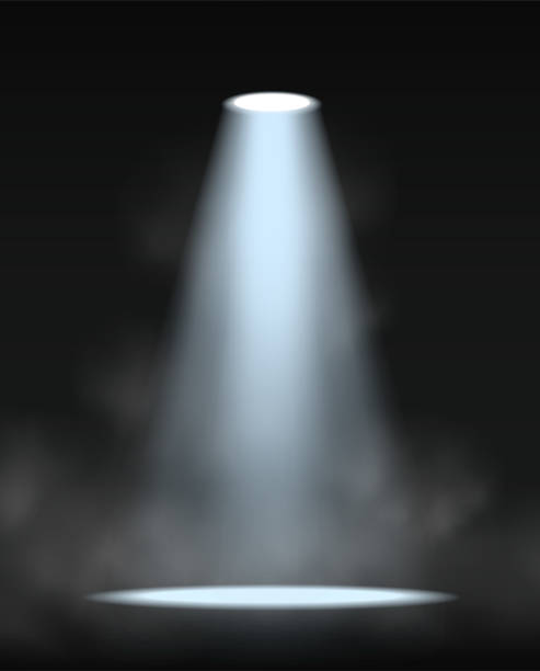 istock 3d realistic vector icon illustration. Stage spotlight lamp with cloud and fog on dark background. 1945349813