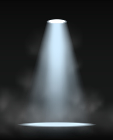 realistic vector icon illustration. Stage spotlight lamp with cloud and fog on dark background.