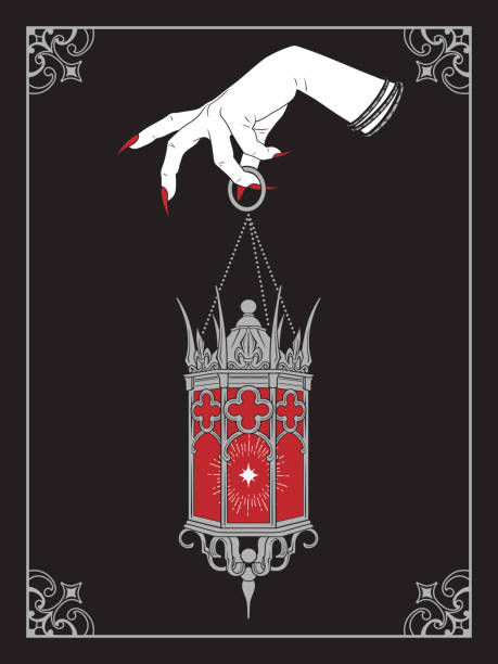Gothic stained glass lantern in vampire hand line art and dot work hand drawn vector illustration. Gothic stained glass lantern in vampire hand line art and dot work hand drawn vector illustration count dracula stock illustrations