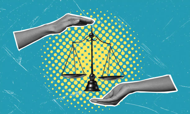 istock Art collage, hands and scales of justice. 1945386472