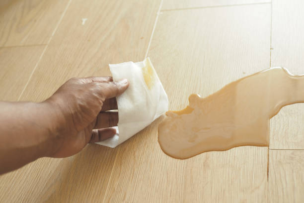 istock hand wiping spilled tea with paper napkin on floor , 1945404687