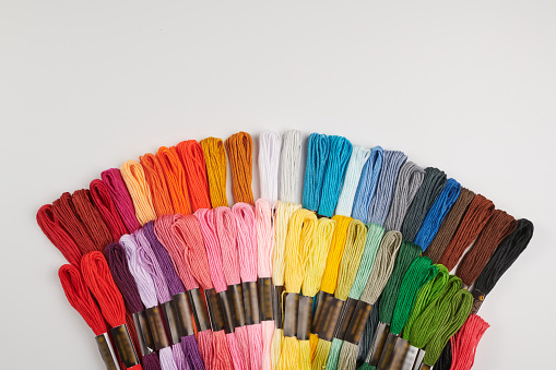 Set of multi-colored floss thread yarn, all for cross stitching and embroidery isolated on white background