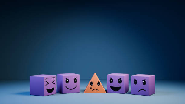 blue cubes mocking an orange triangle, on a black background, 3d image
