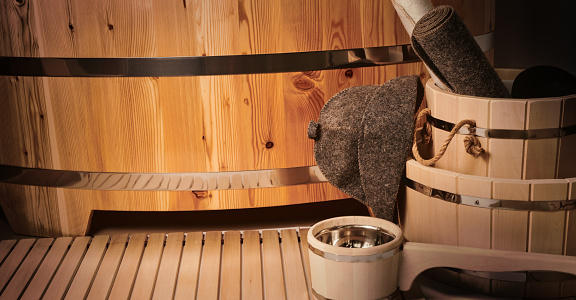 Sauna accessories in a wooden interior