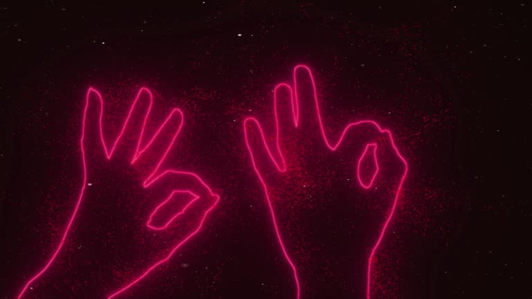 Two hands show okay sign in space among the stars. Abstraction, 3d render, neon glowing lines and particles. Red outline of hands.