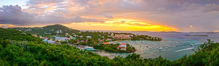 Cruz Bay, St John, United States Virgin Islands panorama at dusk.