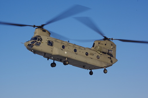 Boeing CH47F chinook tandem-rotor medium lift helicopter landing from royal netherlands air force at Gilze-rijen airbase, 19 january 2024, the netherlands