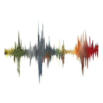 Frequency audio signal, HUD music wave interface elements, voice chart signal. The music track. The watercolor illustration is hand-drawn. For postcards, business cards, flyers and posters