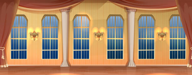 istock Vector cartoon style illustration. Castle indoor interior. Hall luxury medieval palace with big windows and long curtains with wall lamps. 1945540503