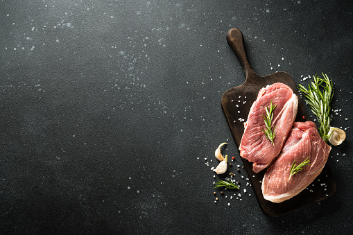 Food backgrounds: overhead view of two raw juicy beef steak fillets on a cutting board shot on black table. The composition is at the left of an horizontal frame leaving useful copy space for text and/or logo at the right. High resolution 42Mp studio digital capture taken with SONY A7rII and Zeiss Batis 40mm F2.0 CF lens