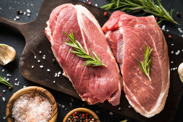istock Raw meat steaks with spices at dark background. 1945544188
