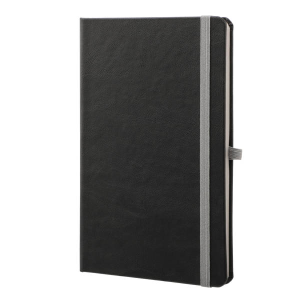 istock Black Leather Organizer, Daily Notebook with Pen Holder isolated on white background. Stylish daily planner with colored rubber pen holder, clipping path. Isolated background 1945546815