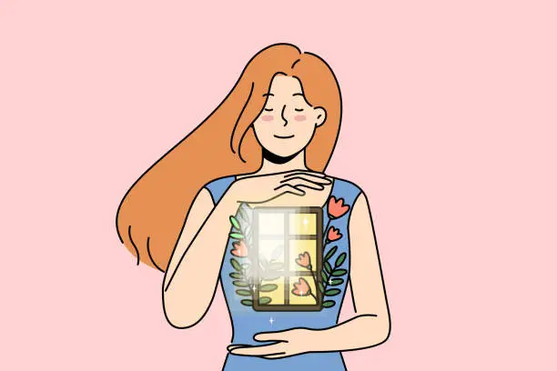 Vector illustration of Positive woman demonstrates purity of soul and absence of sins, holding window with flowers in hands