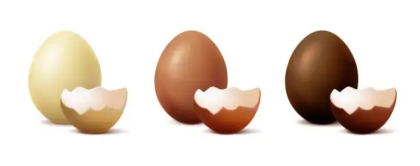 Vector illustration of 3d realistic vector icon illustration. Set of chocolate eggs, white, milk and dark chocolate.