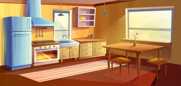 Vector illustration of Vector cartoon style illustration of kitchen room. Dining room with dining wooden table. Fridge, oven with a stove and hob, sink, kabinets and extractor hood.