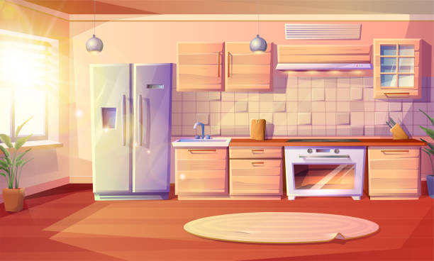 istock Modern vector cartoon style illustration of kitchen room with fridge, oven with a stove and hob, sink, kabinets and extractor hood with kitchen appliances. 1945556905