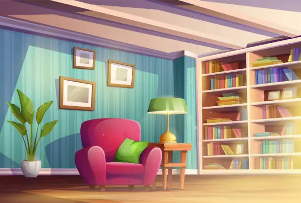 Vector illustration of Cartoon vector illustration. Cosy home living room or cabinet with place for reading books. Library with book shelves, chair and lamp.