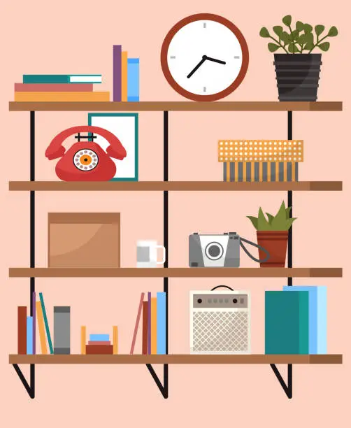 Vector illustration of Rack, home furniture, office cabinet with folders, boxes and shelves for document storage organizing