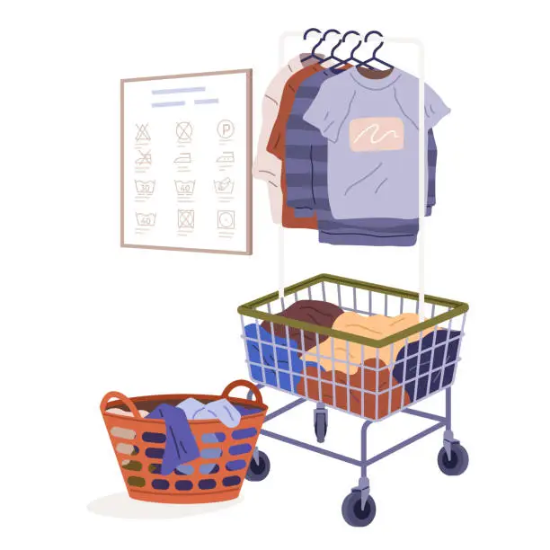 Vector illustration of Washed wet laundry in basket, apparel heap. Pile of cotton clothing, t-shirts hanging on hanger