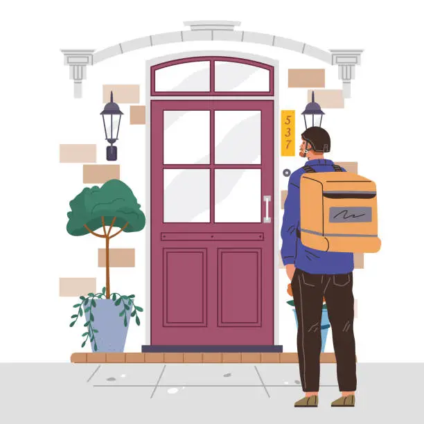 Vector illustration of Delivery man with big box standing at front door. Courier shipping goods or food to costumers