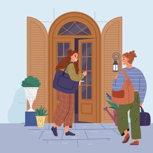 Vector illustration of Woman enters house opening door and turning around to look out to say hello and talk to neighbor