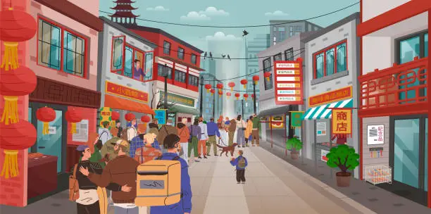 Vector illustration of People stand in big queue at store on street in Chinese city. Walk in Asian shopping district