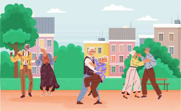 Vector illustration of Old people dance at disco. Grandmother and grandfather entertainment. Happy elderly couple dancing