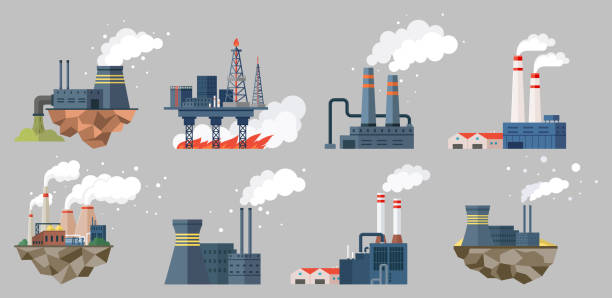 ilustrações, clipart, desenhos animados e ícones de contaminação do ar com fumaça por fábricas, plantas e indústrias. tubos que produzem poluição por resíduos de poluição atmosférica - pollution smoke stack air pollution smoke
