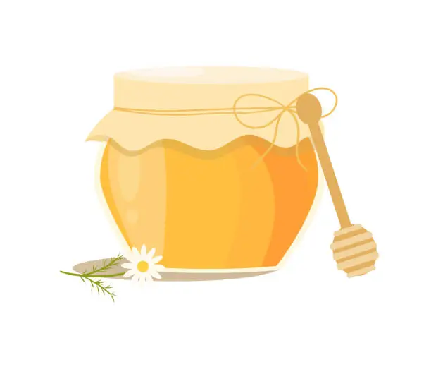 Vector illustration of Glass jar of honey with wooden honey dipper.