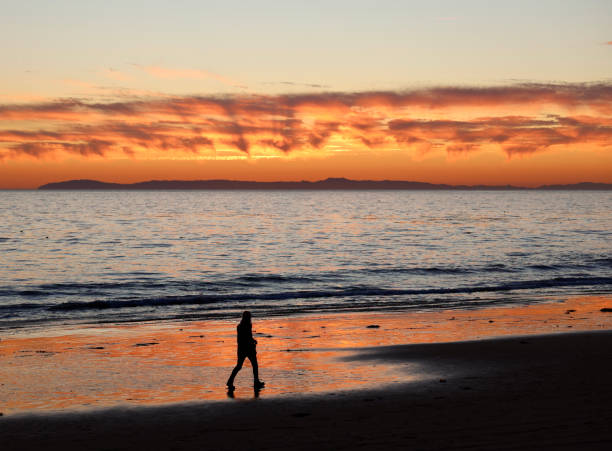 newport beach, ca stati uniti- 28 novembre 2023: la persona che cammina sulla spiaggia al crepuscolo si staglia contro il drammatico tramonto. - sunset vacations orange glowing foto e immagini stock