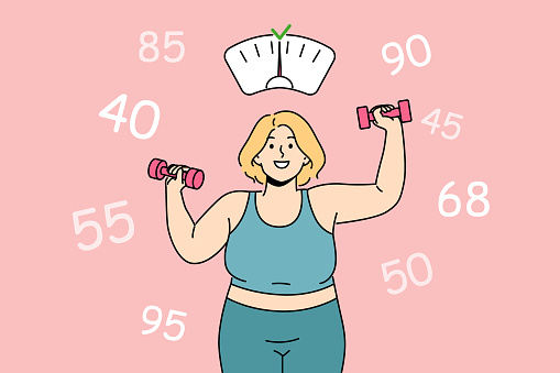 Fat woman wants to lose weight and become slimmer by doing fitness in gym and lifting dumbbells. Overweight girl leads sporty lifestyle to lose weight without resorting to diet or liposuction