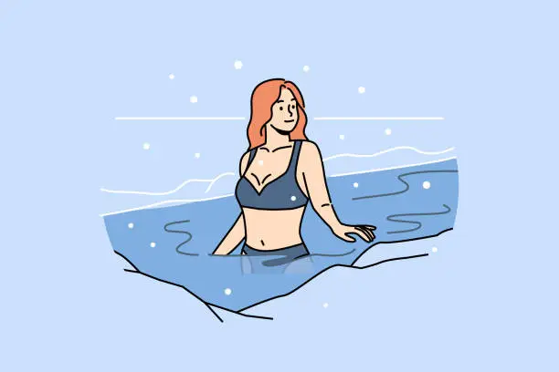 Vector illustration of Woman bathes in ice hole on orthodox holiday of baptism, standing in icy water under falling snow