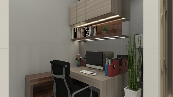 Modern and minimalist office desk with storage compartment. Using wooden cabinet furnishing and interior lighting.