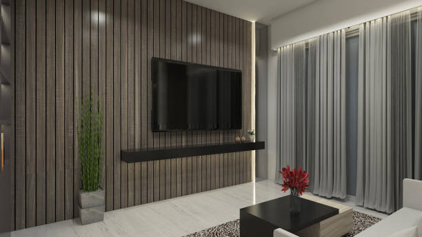 istock Modern Wooden TV Panel with Simple Shelving Rack 1945596764