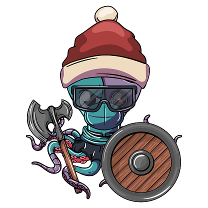 Angry comic cartoon cyborg octopus at Christmas with Santa Claus hat, glasses, mask with a war ax and shield on his robotic tentacle. Illustration for fantasy, science fiction and adventure comics