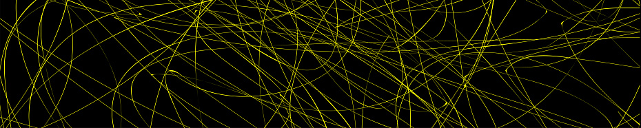Wide panoramic view of intricate yellow lines weaving across a black backdrop