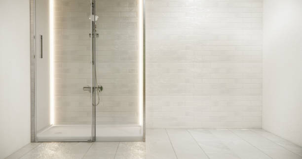 istock shower in white bathroom modern minimal style. 1945614709