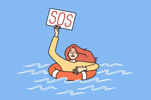 Vector illustration of Drowning woman with sos sign uses lifebuoy, floating in water after falling overboard ship