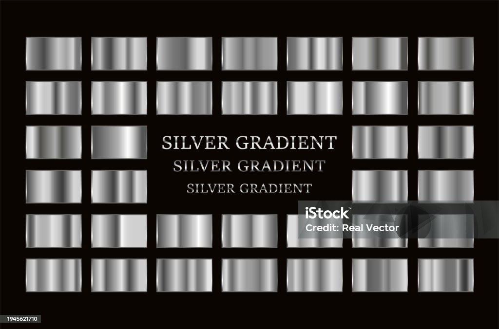 Conjunto de muestras de gradientes vectoriales de plata. Sutable para texto, volantes, tipografía, banners, cintas y texturas, confeti. Elemento de diseño. - arte vectorial de Plata libre de derechos Conjunto de muestras de gradientes vectoriales de plata. Sutable para texto, volantes, tipografía, banners, cintas y texturas, confeti. Elemento de diseño. - arte vectorial de Plata libre de derechos