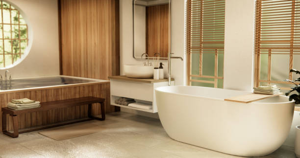 istock Wooden Japan bathroom modern Onsen minimal style. 1945627541