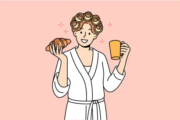 Vector illustration of Woman enjoys morning breakfast of fresh croissant and cup coffee, standing in bathrobe and curlers