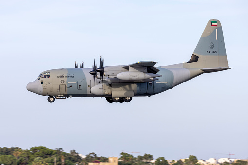 Luqa, Malta - September 16, 2023: Kuwait Air Force Lockheed Martin KC-130J Hercules (L-382G) (REG: KAF327) arriving from Benghazi, Libya.